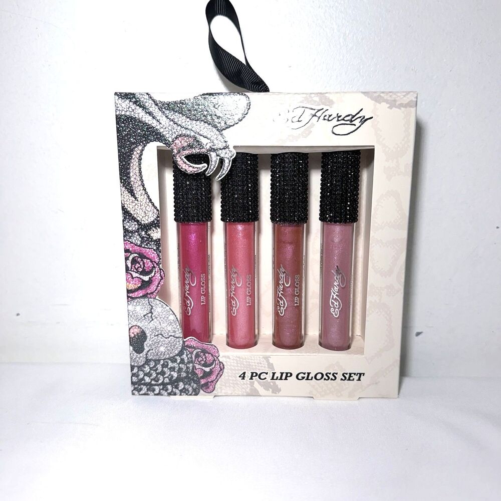 ED Hardy 4 Pc Long Lasting Shine Lip Gloss Set 0.14 FL Oz Each Lip Gloss NWT